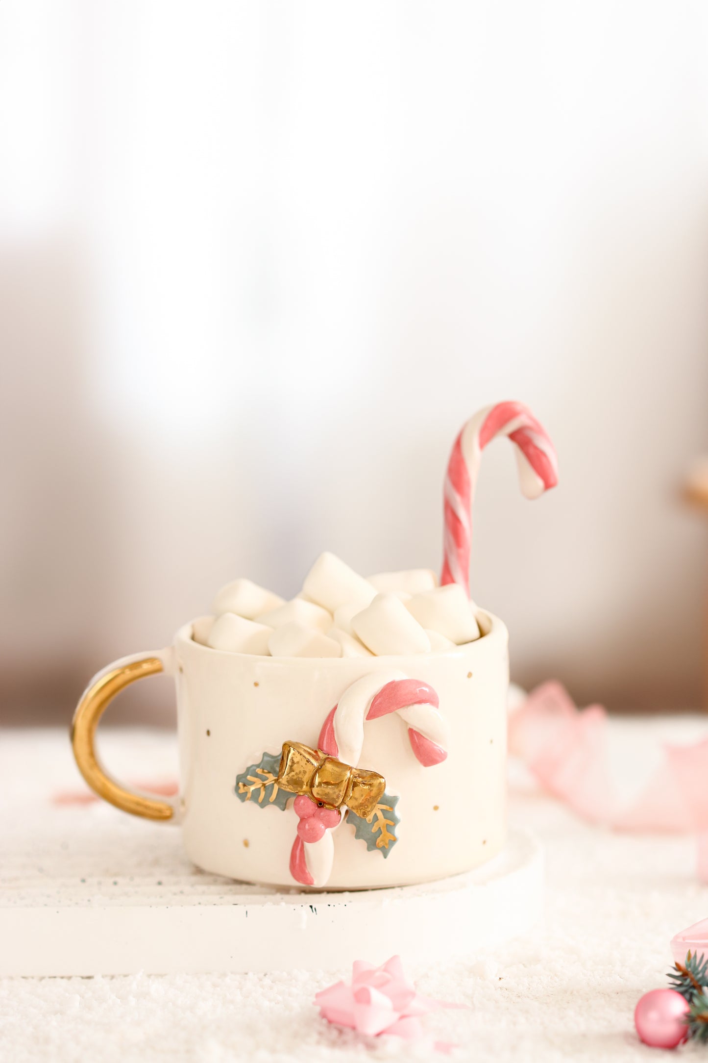 Pink Christmas Candy Cane Gold Plated Ceramic MUG